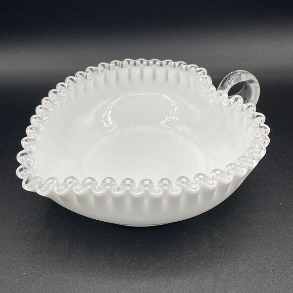 Fenton Milk Glass Heart Shape Nappy Candy Dish w/ Silver Crest Ruffled Edge - Picture 6 of 12